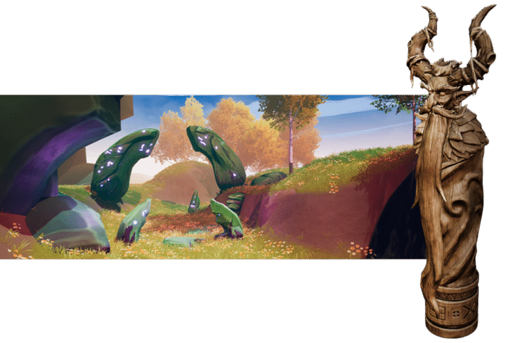 Carved wooden idol overlooking a valley in the world of Forgotten Eras