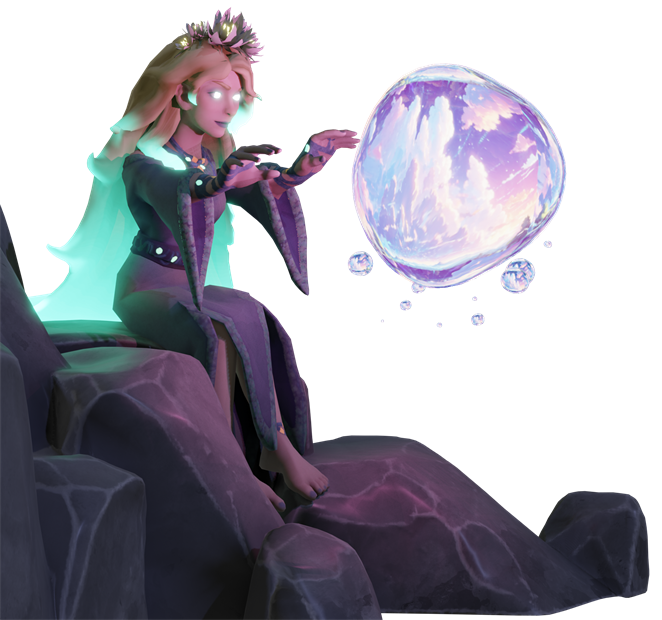 Rusalka seated with a glowing orb, character art from Forgotten Eras